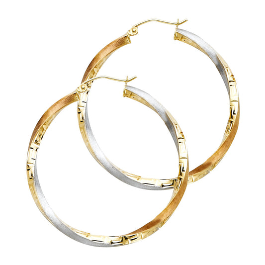 14k Tri-Color Gold Twist Hoop Circle Open Hinge Clasp Earrings