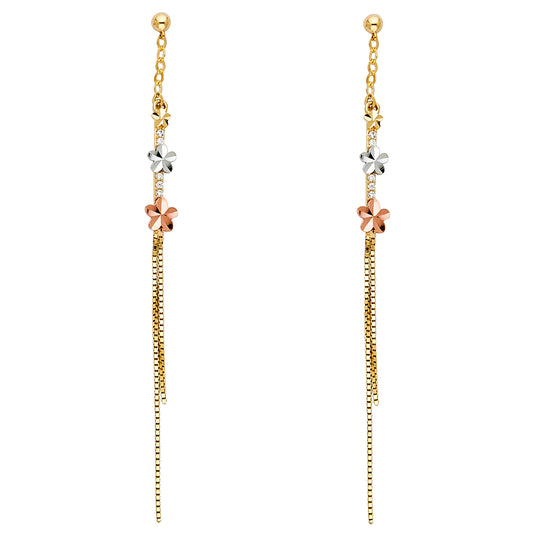 14k Yellow Gold Long Tassel Drop Dangle Plumeria Flower Earrings