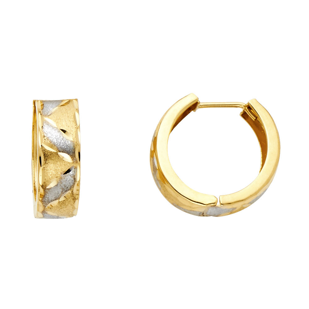 14k Two-Color Gold Elegant Huggie Hoop Hinge Circle Stripe Earrings