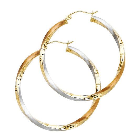 14k Tri-Color Gold Hoop Twist Classic Hinge Clasp Round Earrings