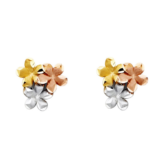 14k Tri-Color Gold Funky Modern Flower Stud Plumeria Garden Earrings