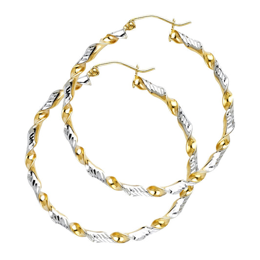 14k Two-Color Gold Ornate Twist Hoop Knot Loop Swirl Earrings