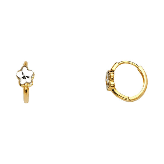 14k Two-Color Gold High Polish Flower Huggie Hoop Hinge Earrings