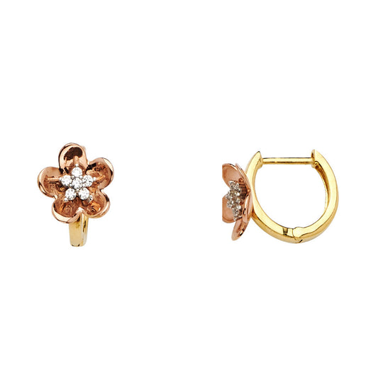 14k Two-Color Gold Studded Flower Huggie Huggie Hoop Shiny Plumeria Earrings
