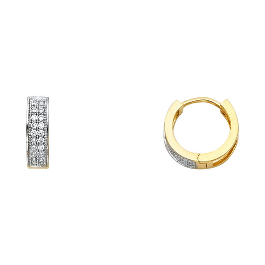 14k Yellow Gold Double Studded Hoop Huggie Cluster Micro Pave Earrings