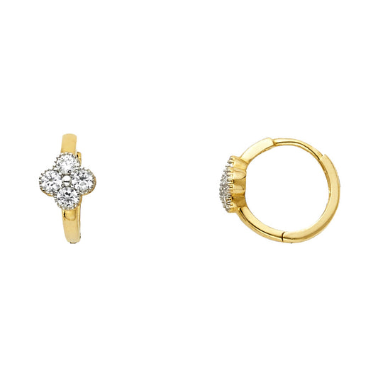 14k Yellow Gold Elegant Studded Quatrefoil Huggie Hoop Clasp Hinge Earrings