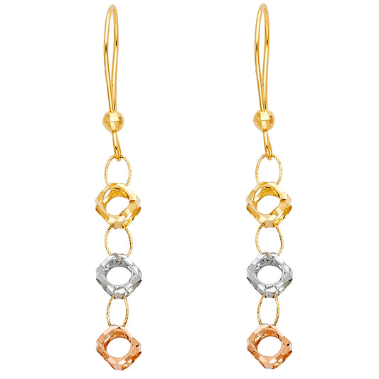 14k Tri-Color Gold Circle Dangle Hanging Open Fashion Cute Hoop Earrings