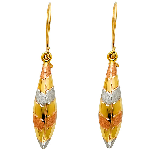 14k Tri-Color Gold Teardrop Hanging Dangling Chevron Earrings