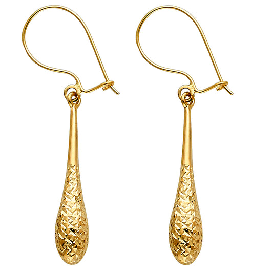 14k Yellow Gold Ornate Textured Teardrop Dangle Hanging Modern Polished Earrings