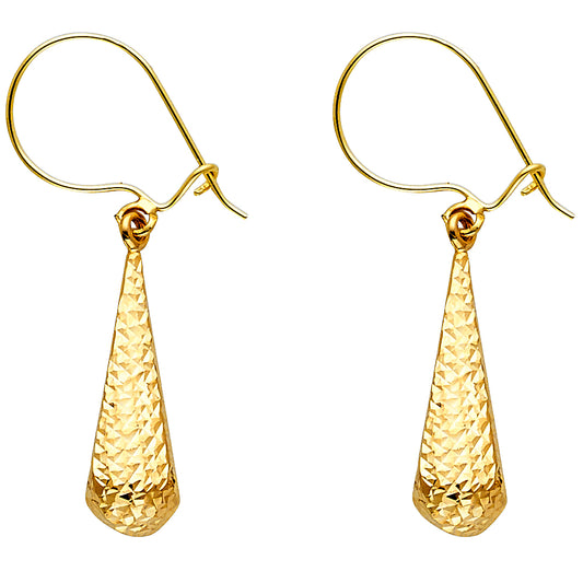 14k Yellow Gold Elegant Hammered Teardrop Hanging Dangling Modern Earrings