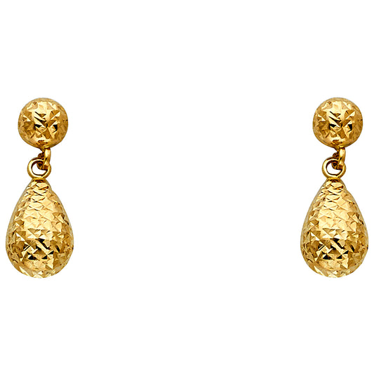 14k Yellow Gold Sphere and Hammered Teardrop Pear Hanging Dangling Earrings