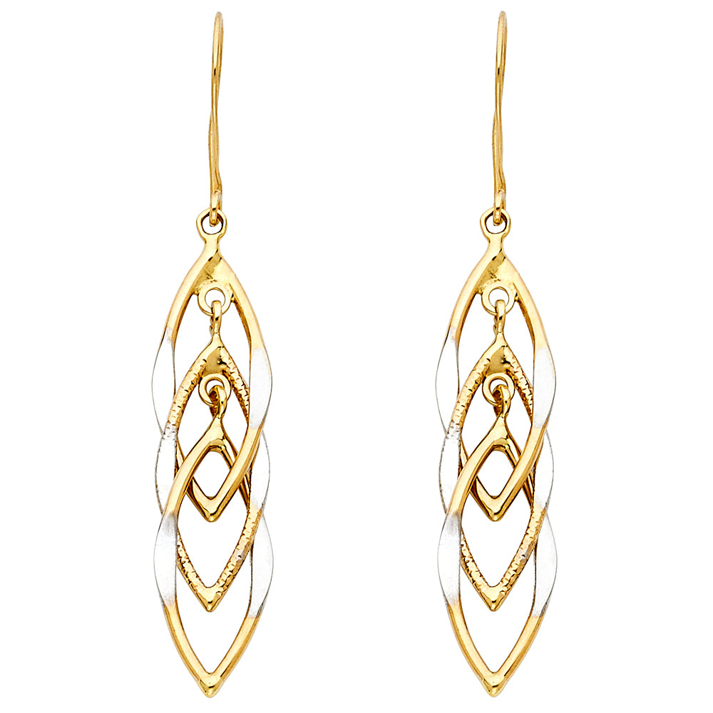 14k Two-Color Gold Ornate Overlap Leaf Dangle Interlocking Hanging Earrings