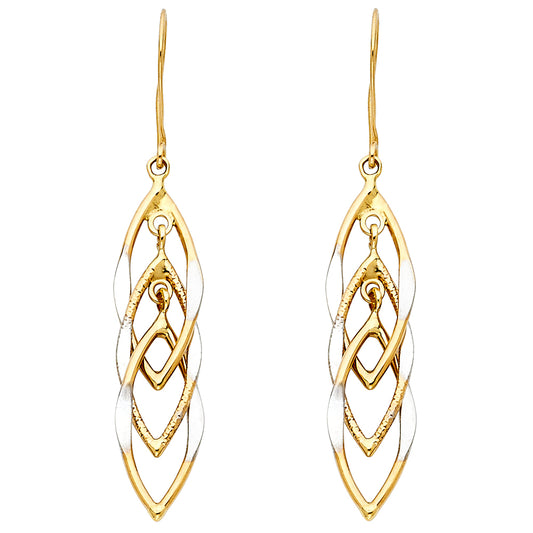 14k Two-Color Gold Ornate Overlap Leaf Dangle Interlocking Hanging Earrings