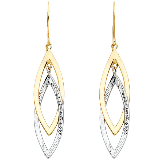 14k Two-Color Gold Interlocking Leaf Hanging Dangling Marquise Elegant Earrings