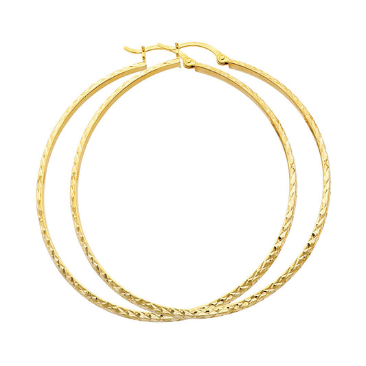 14k Yellow Gold Simple Hoop Etched Texture Hinge Clasp Circle Round Earrings