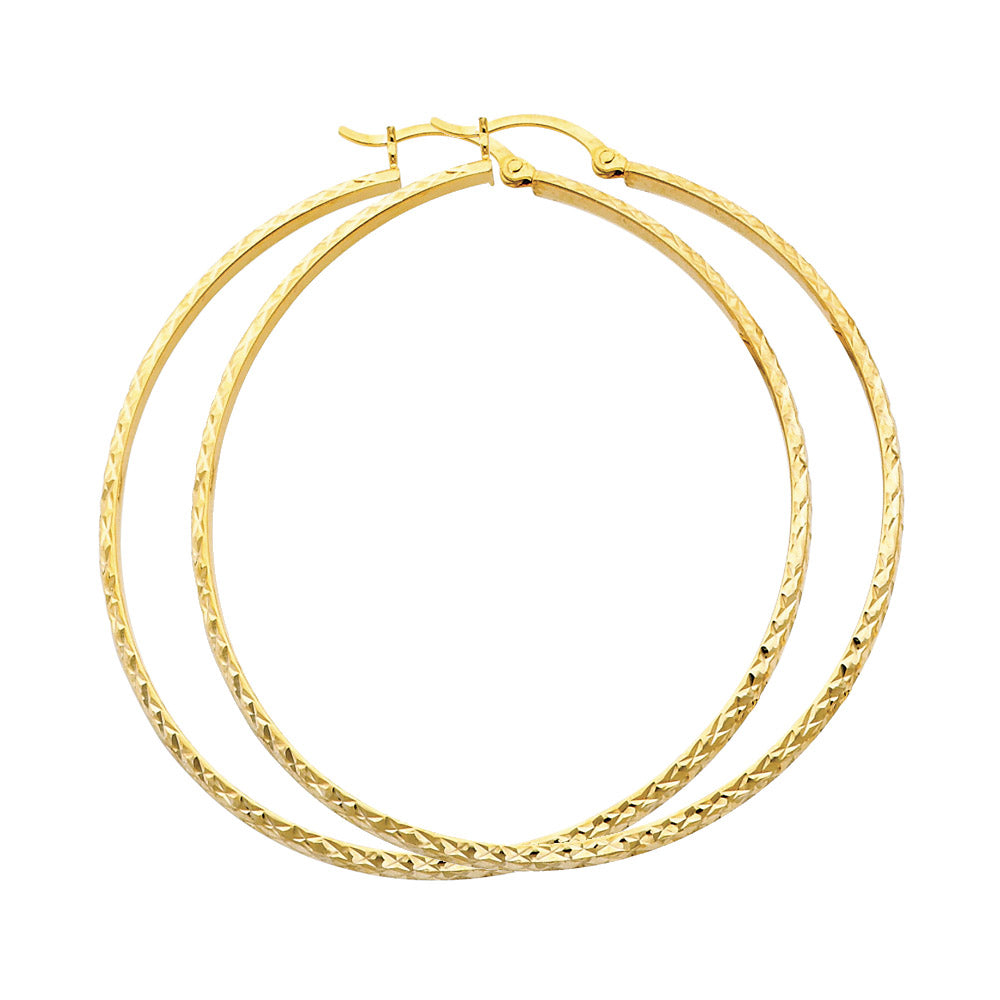14k Yellow Gold Simple Hoop Etched Texture Hinge Clasp Circle Round Earrings