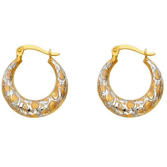 14k Two-Color Gold Bold Hoop Hinge Clasp Wide Thick Floral Earrings