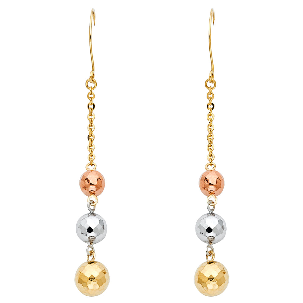 14k Tri-Color Gold Circle Drop Dangle Hanging Sphere Ball High Polished Earrings