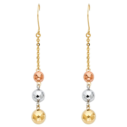 14k Tri-Color Gold Circle Drop Dangle Hanging Sphere Ball High Polished Earrings