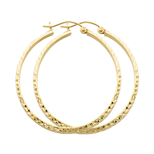 14k Yellow Gold Criss Cross Texture Hoop Hinge Clasp Simple Earrings