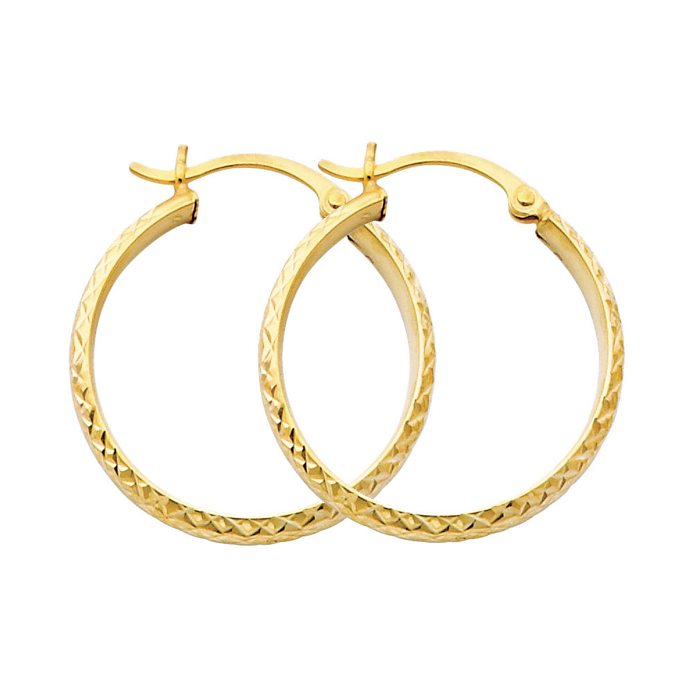 14k Yellow Gold Hinge Clasp Circle Hoop Groove Texture Round Modern Earrings