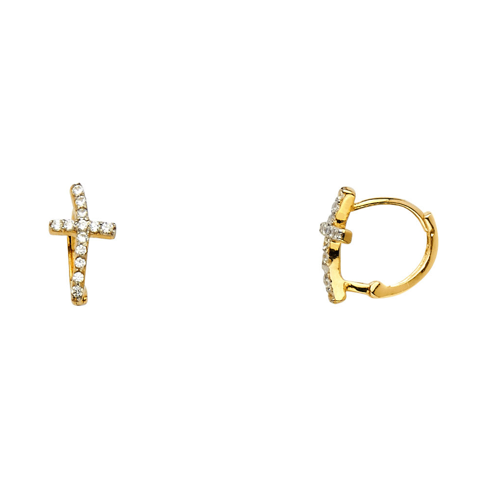 14k Yellow Gold Clear CZ Wave Cross Huggie Hoop Fashion Classic Vintage Earrings