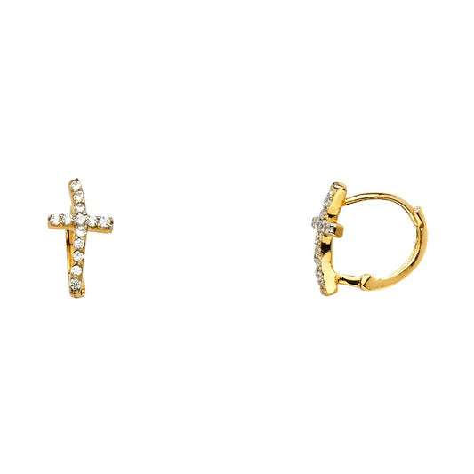 14k Yellow Gold Clear CZ Wave Cross Huggie Hoop Fashion Classic Vintage Earrings