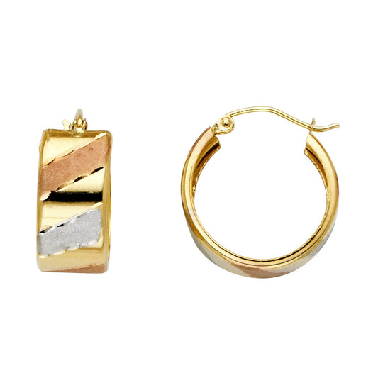 14k Tri-Color Gold Hoop Stripe Modern Classic Earrings