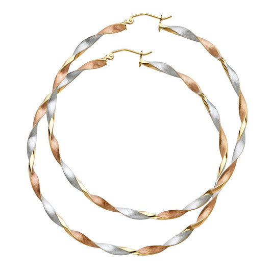 14k Tri-Color Gold Elongated Spiral Hoop Twist Hinge Clasp Earrings