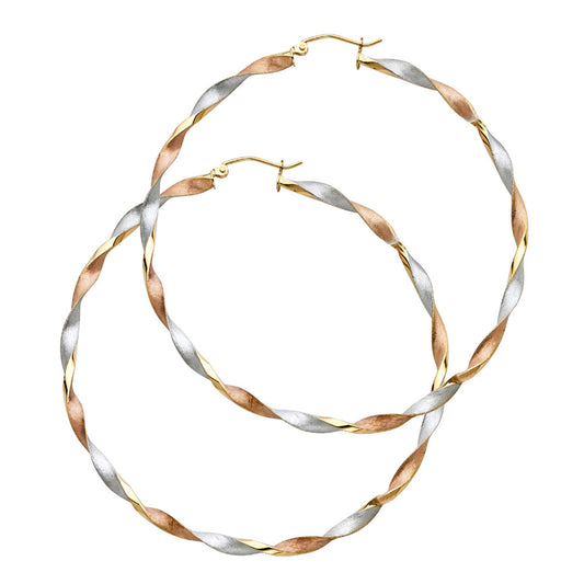 14k Tri-Color Gold Twist Hoop Unique Modern Elegant Circle Earrings