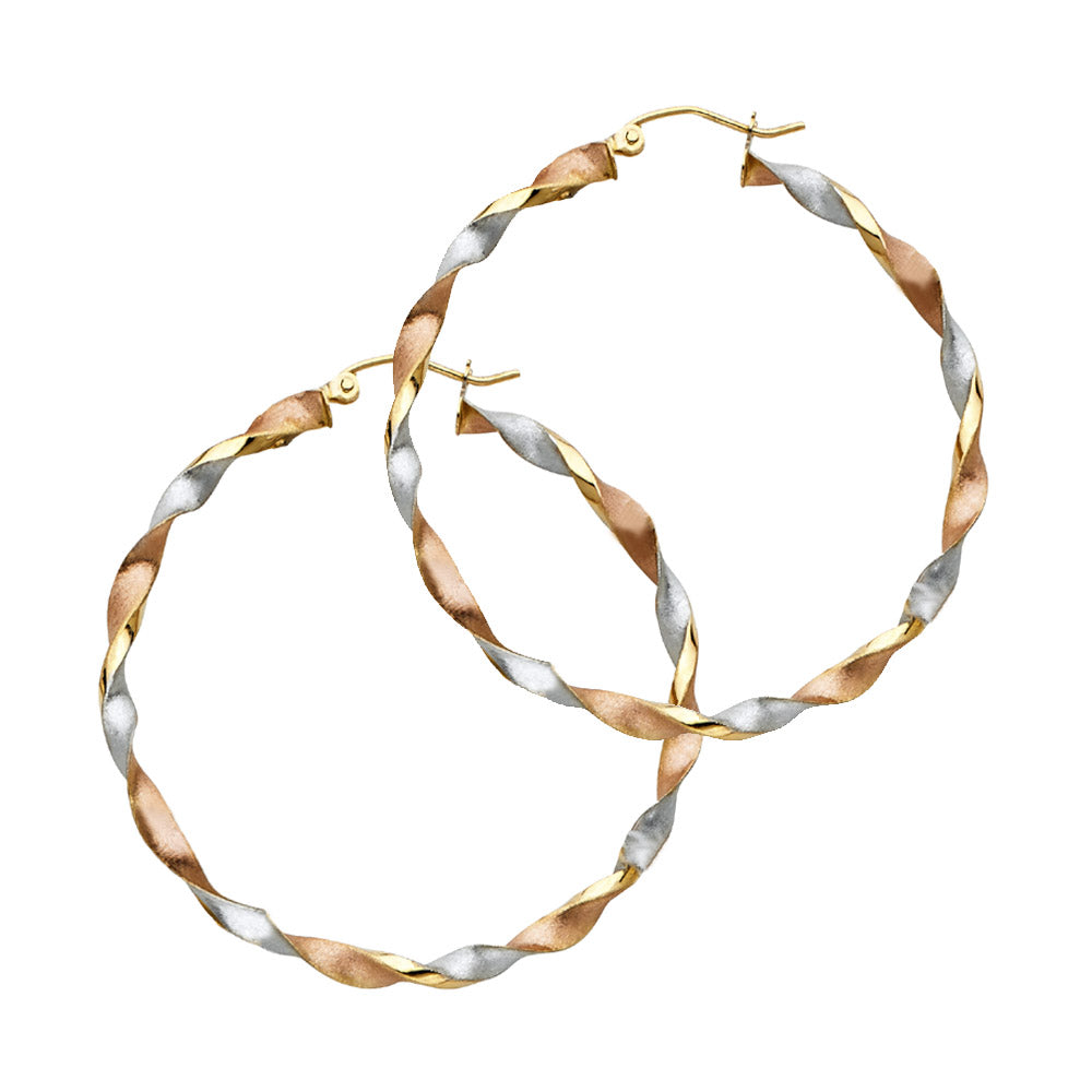 14k Tri-Color Gold Unique Modern Twist Hoop Spiral Braid Earrings