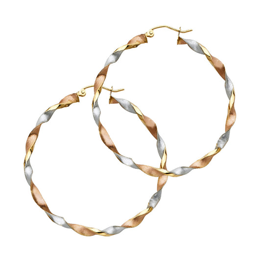 14k Tri-Color Gold Unique Modern Twist Hoop Spiral Braid Earrings