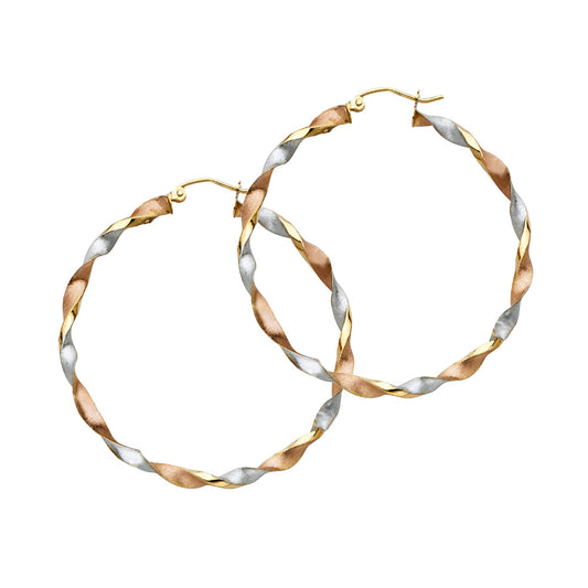 14k Tri-Color Gold Twist Hoop Elegant Spiral Filigree Swirl Earrings
