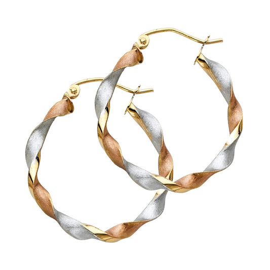 14k Tri-Color Gold Filigree Swirl Hoop Spiral Elegant Curl Earrings