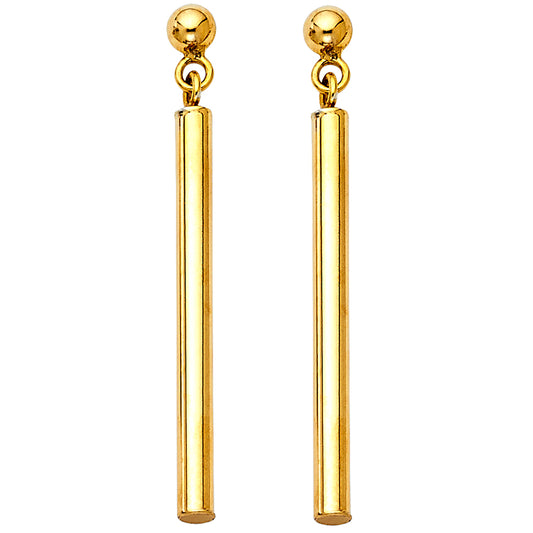 14k Yellow Gold Elegant Modern Drop Dangle Bar Tube Cylinder Hanging Earrings