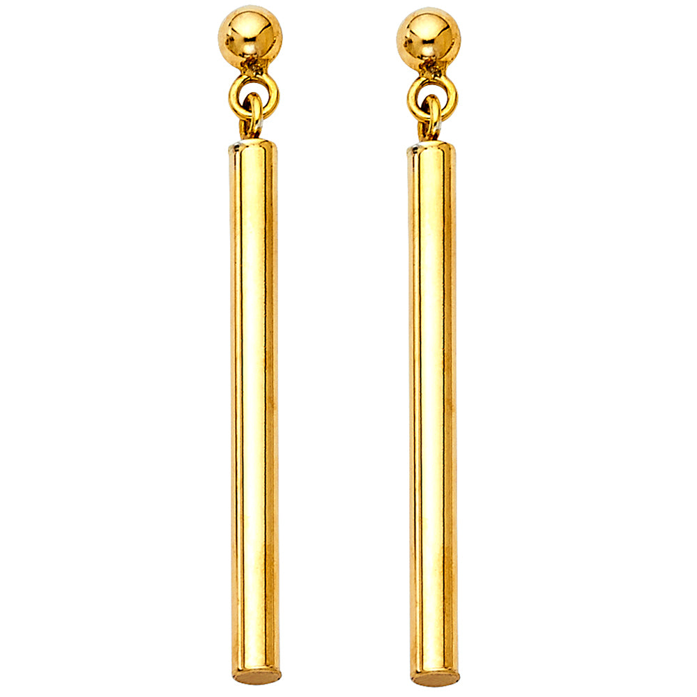 14k Yellow Gold Elegant Modern Drop Dangle Bar Tube Cylinder Hanging Earrings