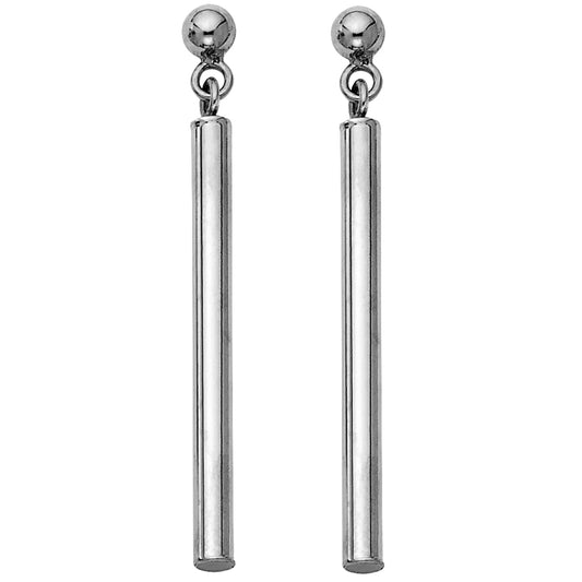 14k White Gold Elegant Long Bar Cylinder Hanging Dangling Ball Earrings