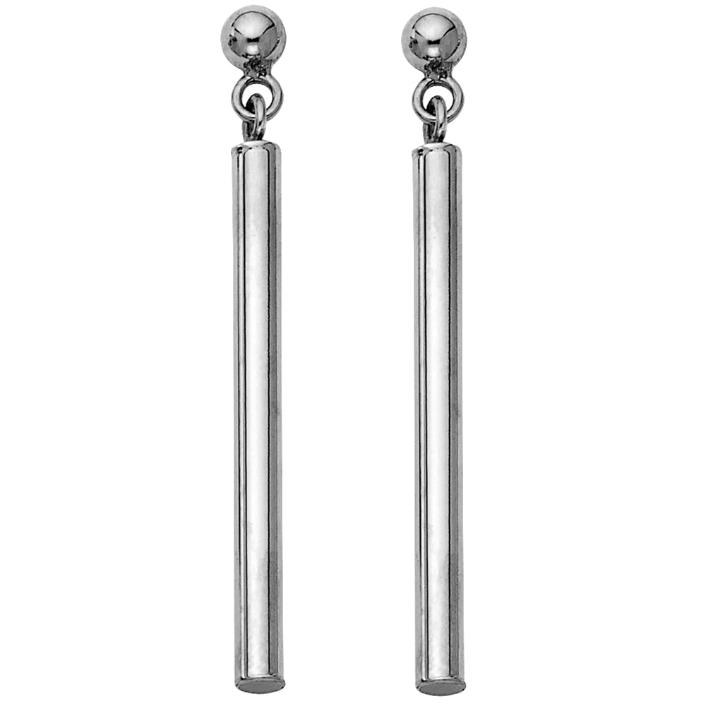 14k White Gold Elegant Long Bar Cylinder Hanging Dangling Ball Earrings