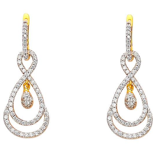 14k Yellow Gold Ornate Studded Twist Fancy Elegant Cluster Teardrop Earrings