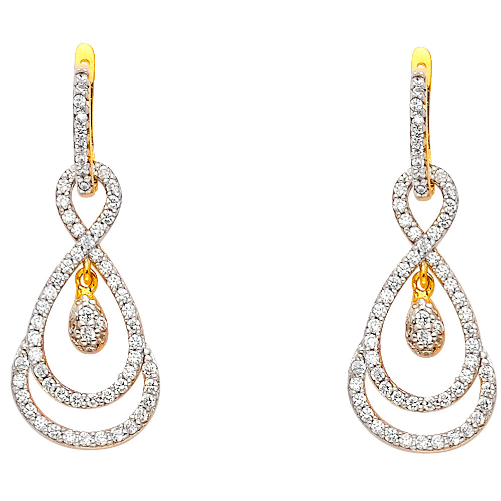 14k Yellow Gold Ornate Studded Twist Fancy Elegant Cluster Teardrop Earrings