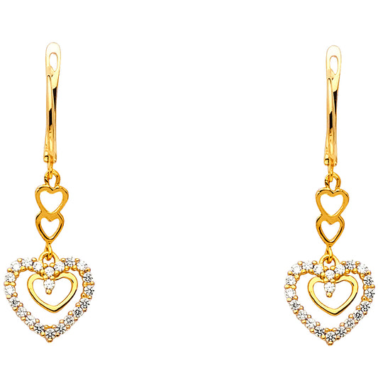14k Yellow Gold Elegant Repeating Heart Drop Dangle Hanging Cutout Earrings