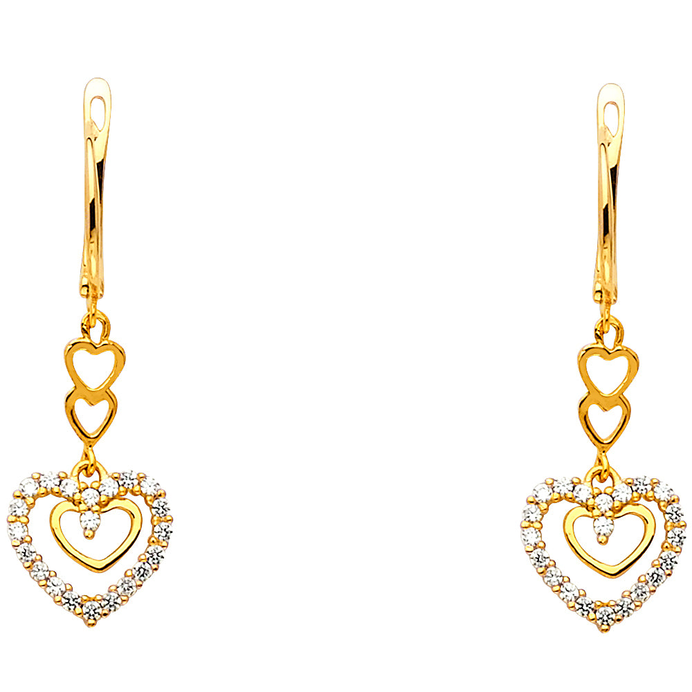14k Yellow Gold Elegant Repeating Heart Drop Dangle Hanging Cutout Earrings