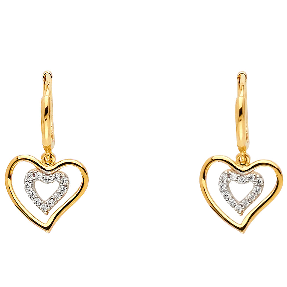 14k Yellow Gold Double Promise Heart Dangle Hanging Studded Clear CZ Earrings