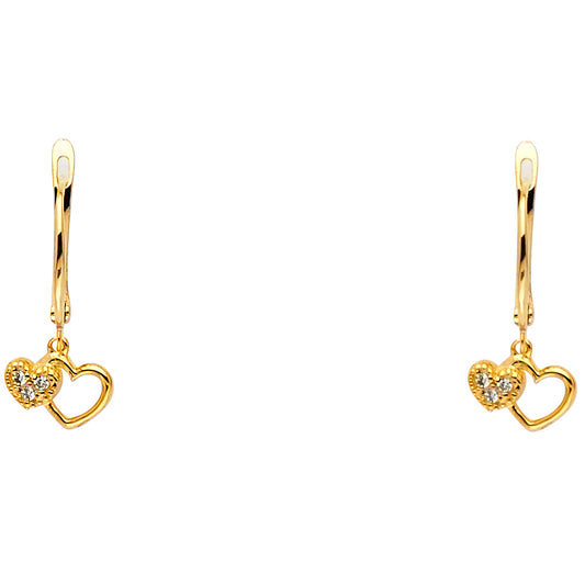 14k Yellow Gold Elegant Double Heart Drop Dangle Hanging Cutout Open Earrings