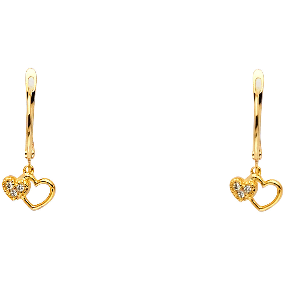 14k Yellow Gold Elegant Double Heart Drop Dangle Hanging Cutout Open Earrings