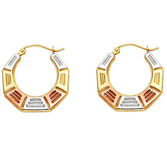 14k Tri-Color Gold Bold Hoop Geometric Octagon Art Deco Earrings
