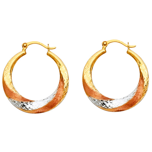 14k Tri-Color Gold Twist Hoop Hinge Clasp Modern Spiral Earrings