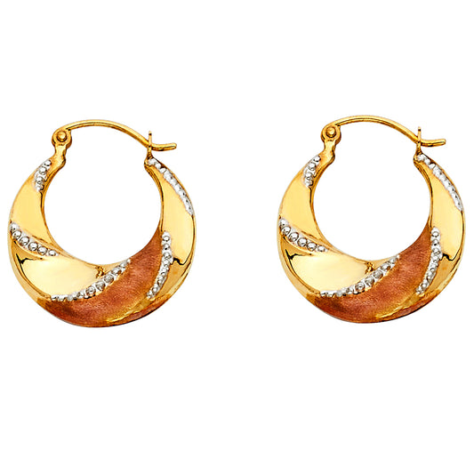14k Tri-Color Gold Modern Studded Hoop Hinge Clasp Elegant Earrings