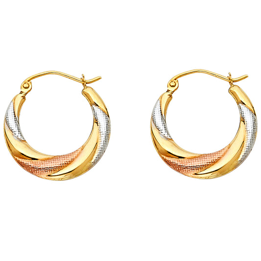 14k Tri-Color Gold Elegant Hoop Spiral Filigree Swirl Loop Circle Earrings