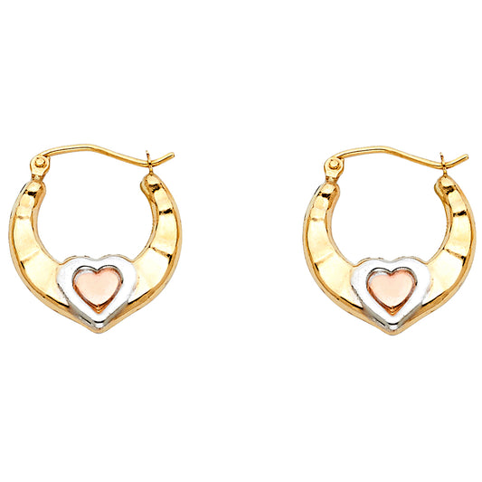 14k Tri-Color Gold Promise Heart Hoop Hinge Clasp Horseshoe Love Earrings